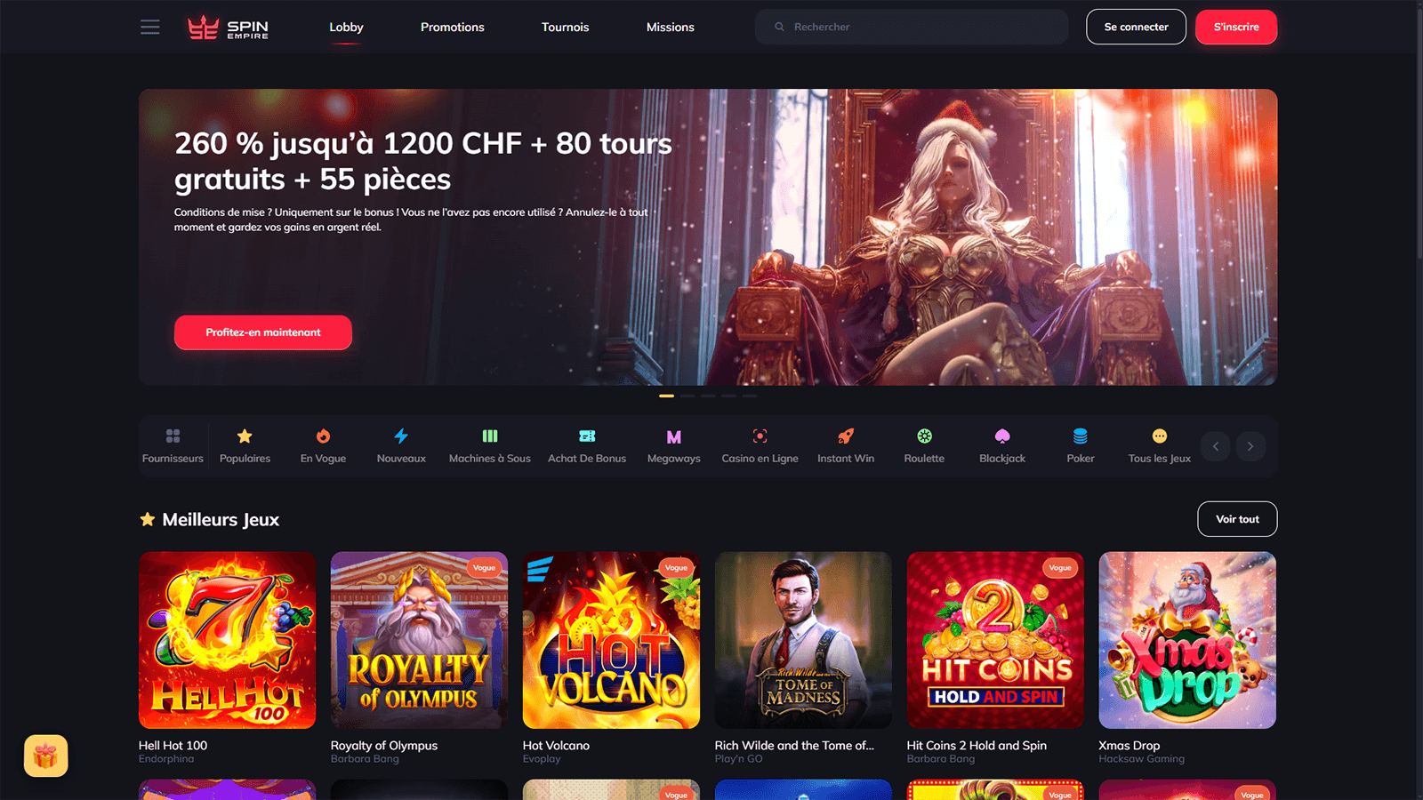 Page daccueil du casino Spin Empire en Suisse