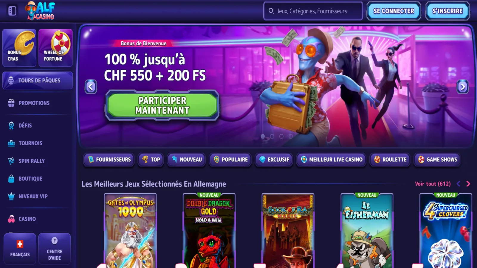 AlfCasino Page d'accueil